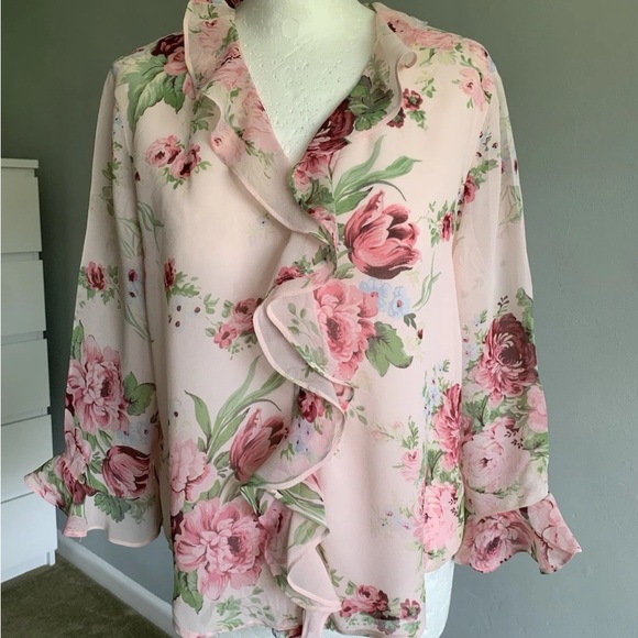Laura Ashley Tops - Laura Ashley Pink Floral Ruffle Silk Blouse
